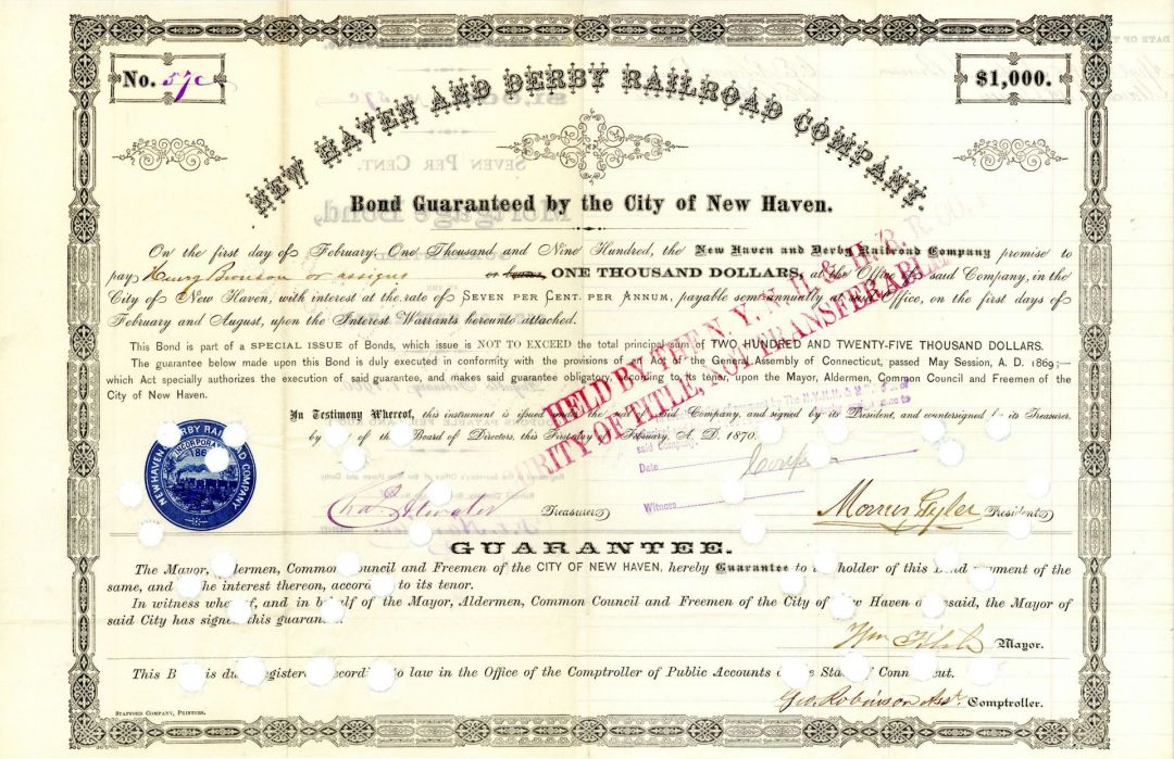 New Haven and Derby Railroad Co. - 1870 $1,000 Railroad Bond