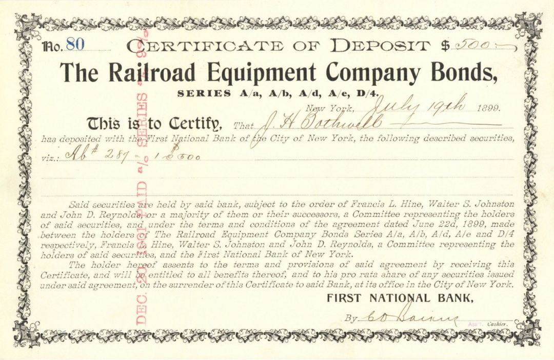 Railroad Equipment Company Bonds - 1899 $500 Railroad Bond