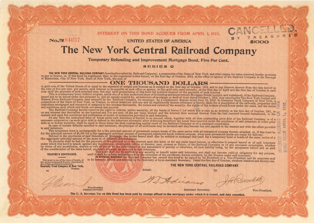 New York Central Railroad Co. - 1921 - $1000, $10000 or $100000 Railroad Bond