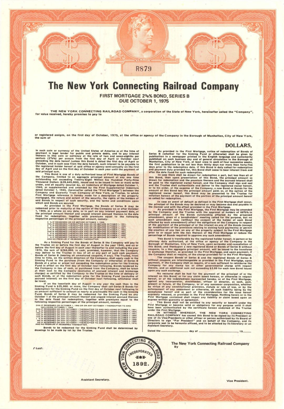 New York Connecting Railroad Co. - Unissued Railroad Bond