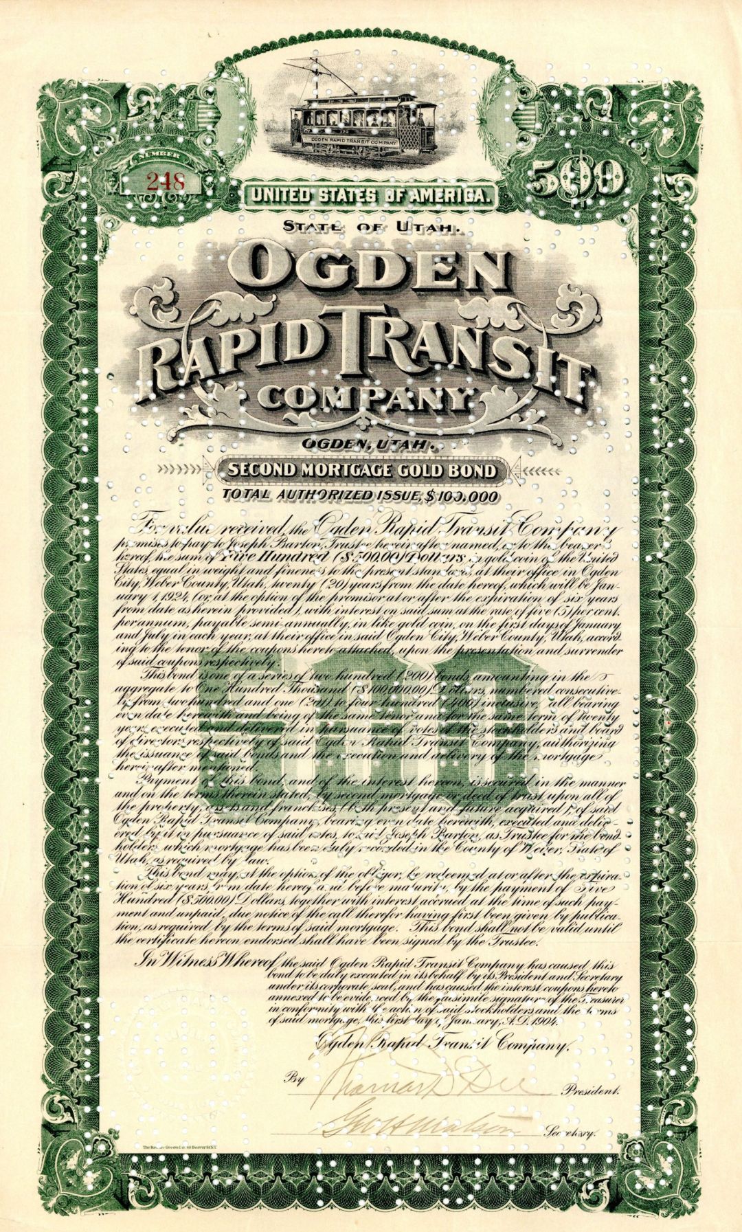 Ogden Rapid Transit Co. - 1904 - $500 Railroad Bond