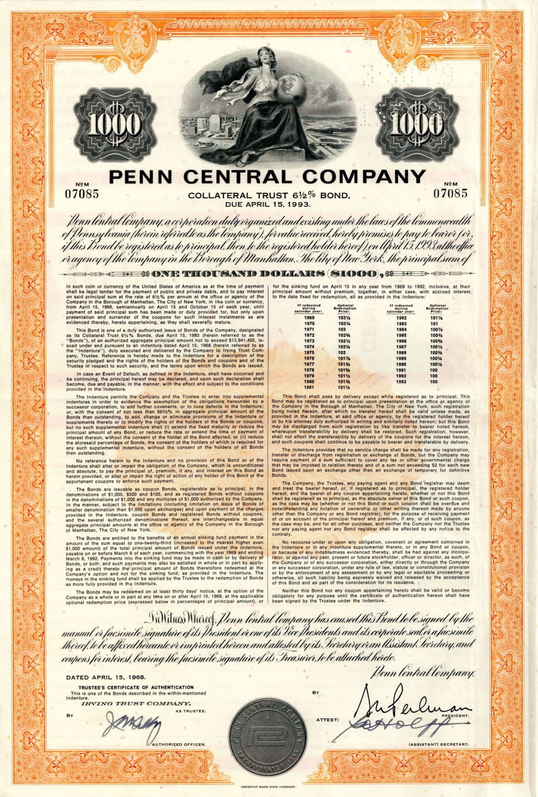 Penn Central Co. - 1968 - $1,000 Railroad Bond