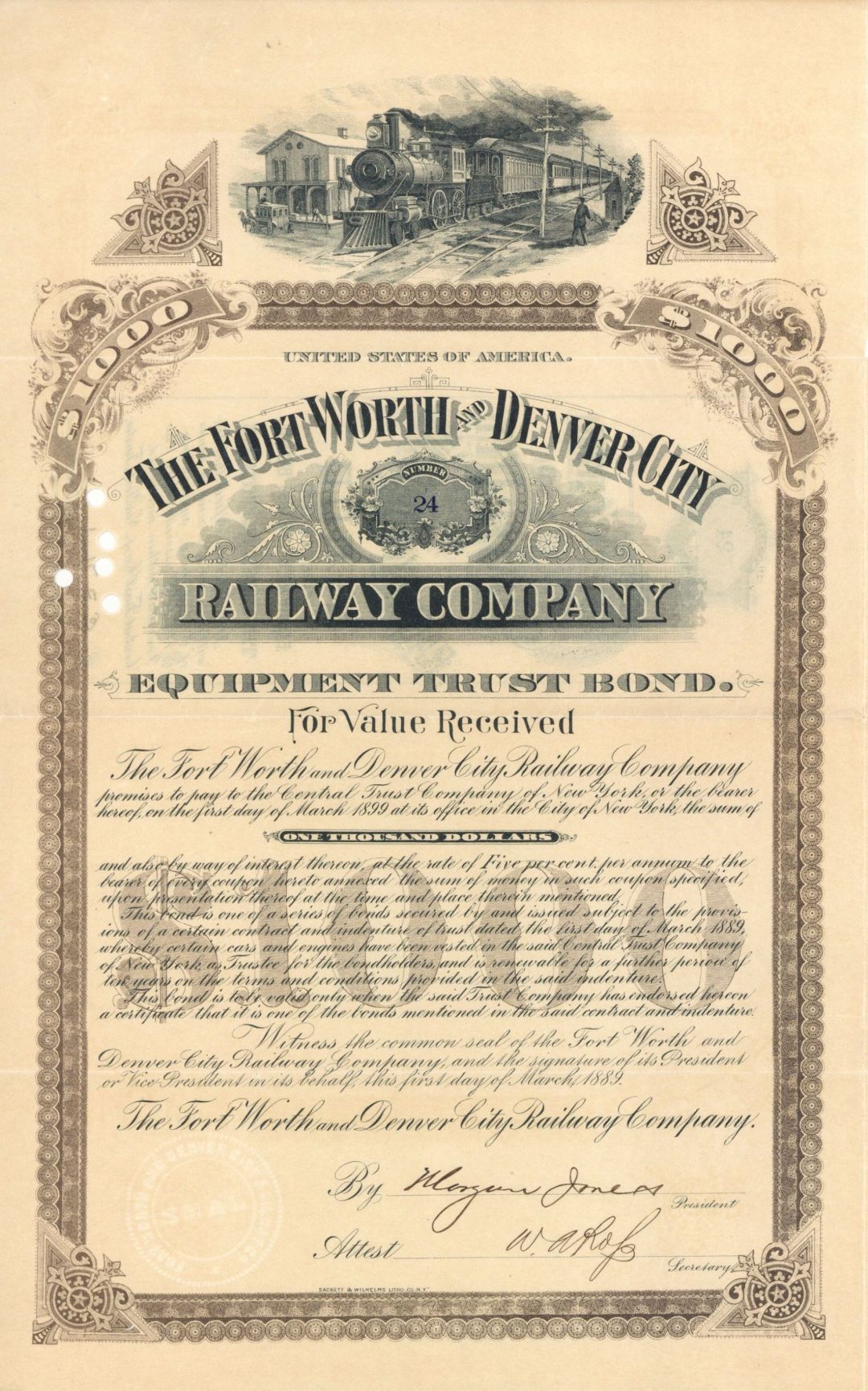 Fort Worth and Denver City Railway Co. - 1889 dated $1,000 Railroad Bond - Texas and Colorado