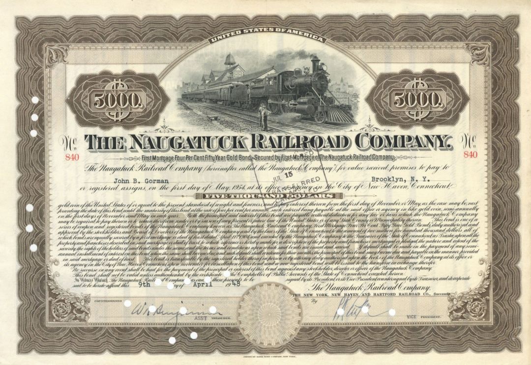 Naugatuck Railroad Co. - 1948 $5,000 Railroad Bond