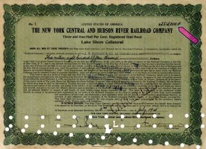 New York Central and Hudson River Railroad Co. - $3,815,000 Railroad Bond