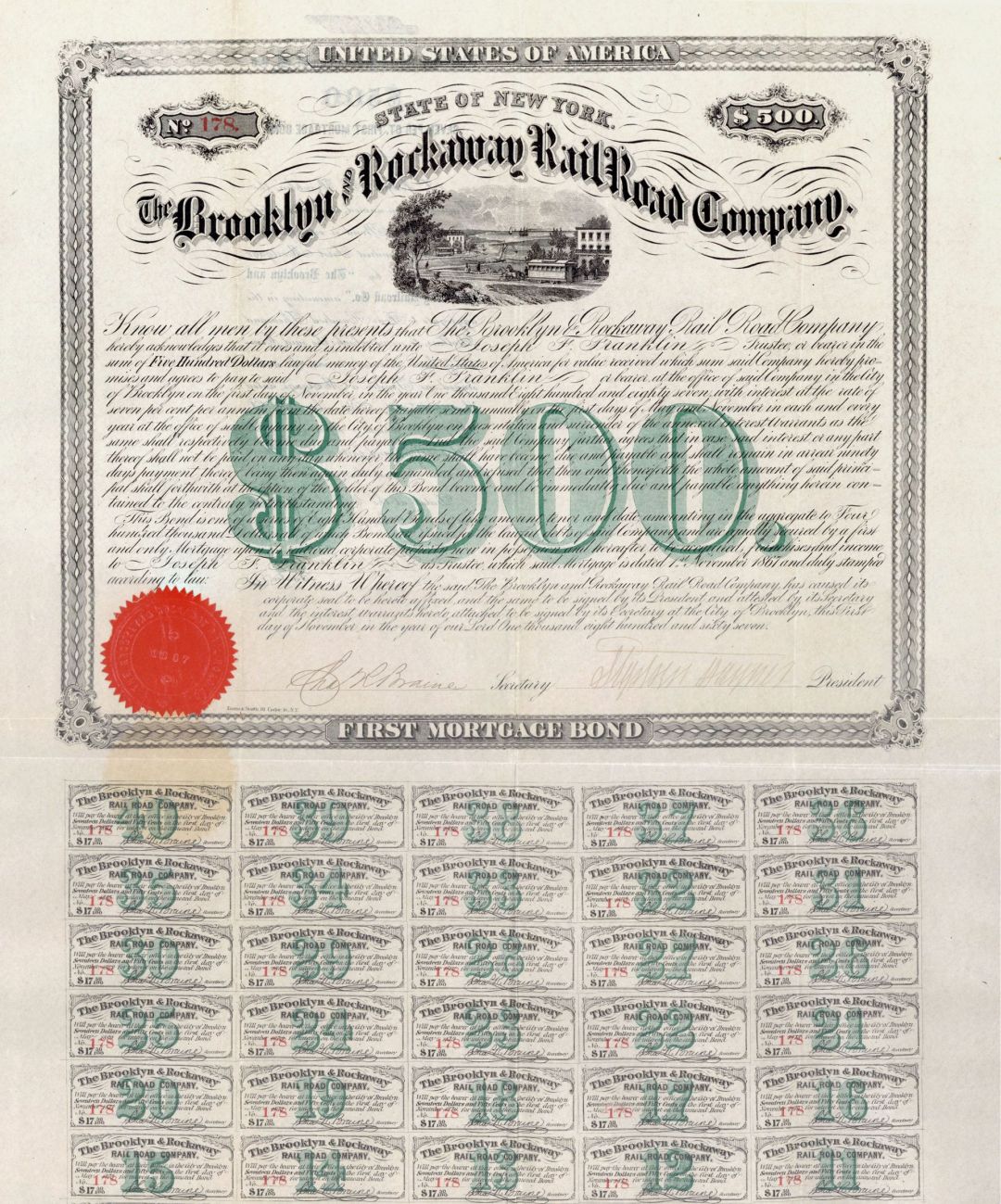 Brooklyn and Rockaway Railroad Co. - 1867 dated $500 Bond