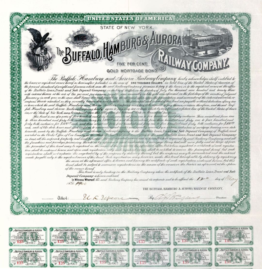 Buffalo, Hamburg and Aurora Railway Co. - 1900 dated $1,000 Bond