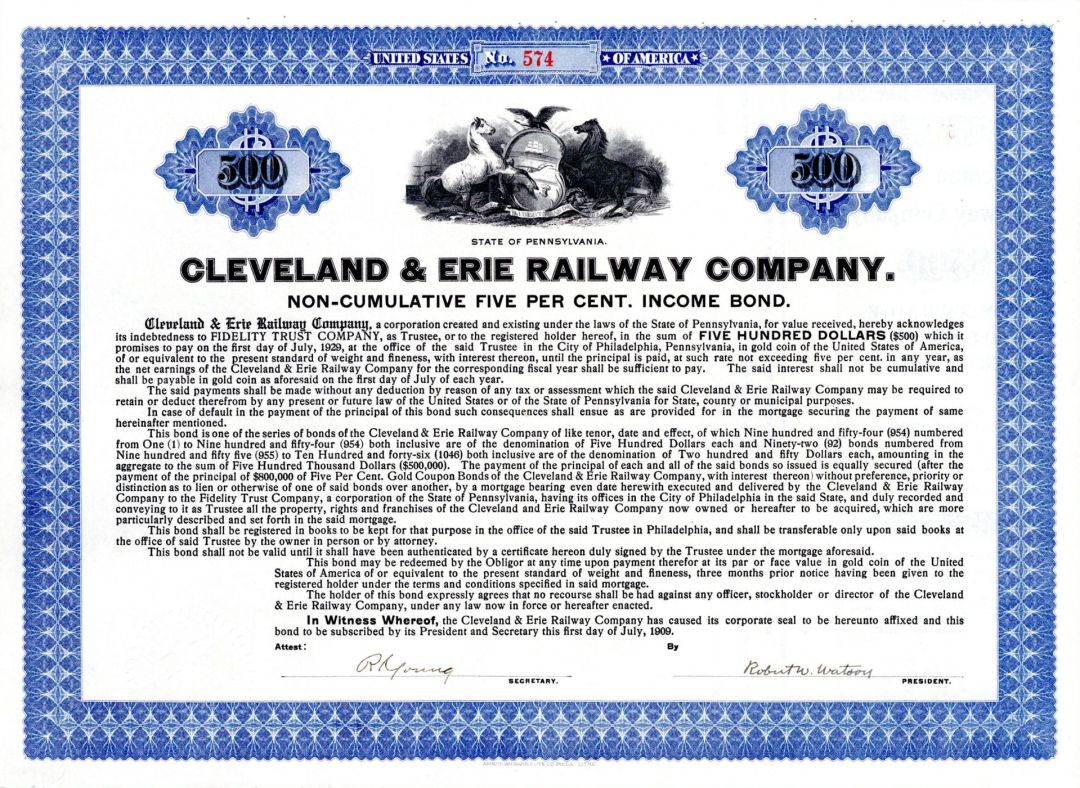 Cleveland and Erie Railway Co. - 1909 dated $500 Railroad Bond