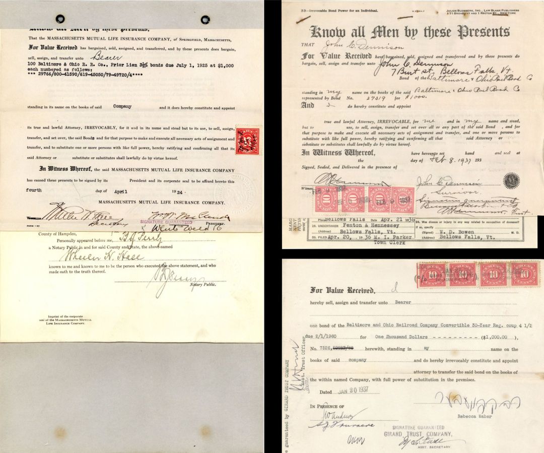  Mostly Baltimore and Ohio Documents with Revenue stamps dated 1920's-30's - Railroad Documents