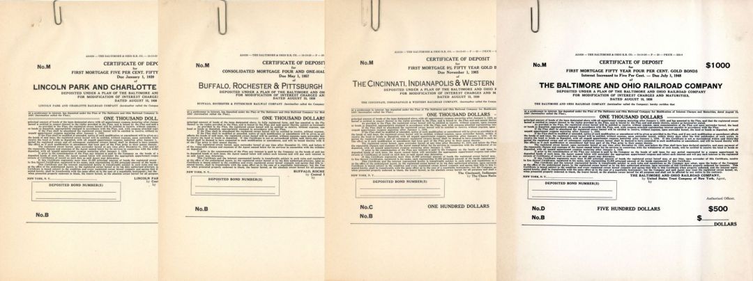  Certificates of Deposit for 4 major Railroads dated 1920's-30's - Railroad Documents