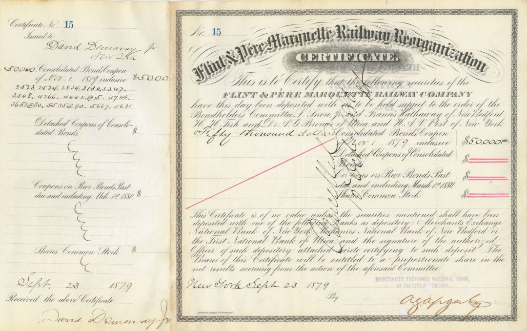 Flint and Pere Marquette Railway Reorganization 1879 dated - Various Denominations Bond