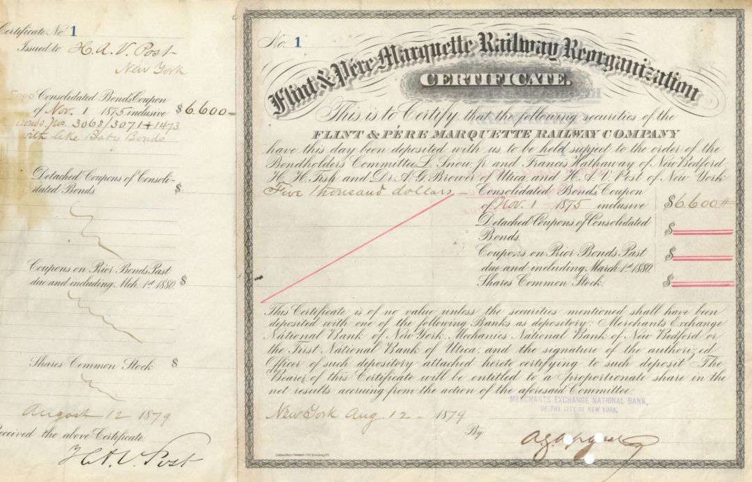 Flint and Pere Marquette Railway Reorganization 1879 dated - Certificte #1  $6,600 Bond