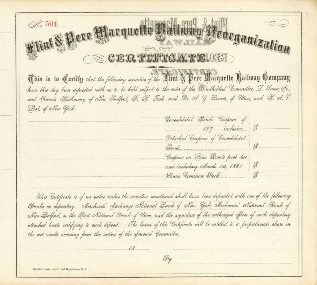 Flint and Pere Marquette Railway Reorganization  - Unissued Bond