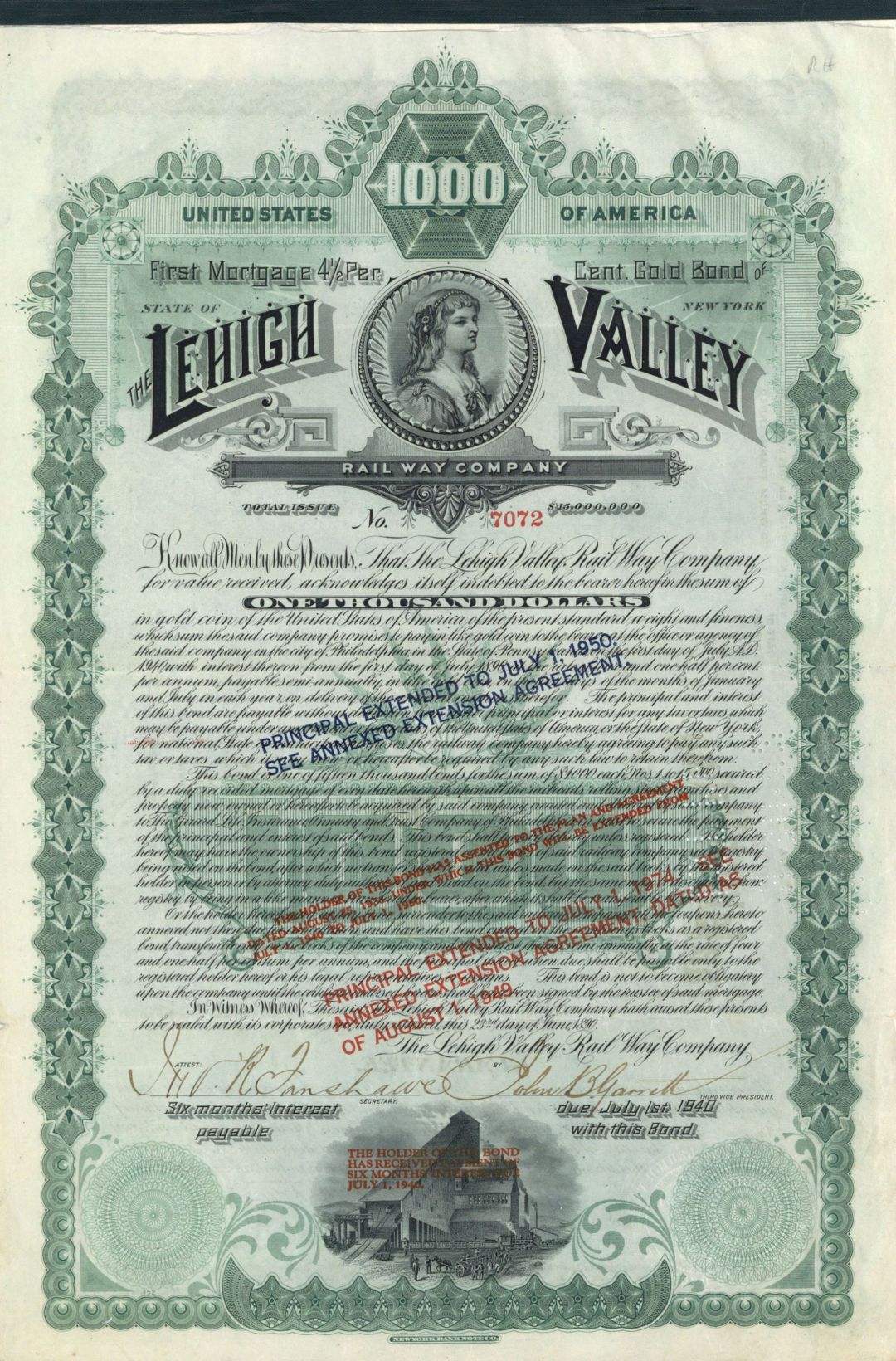 Lehigh Valley Railway Co.  - 1890 dated $1,000 Bond
