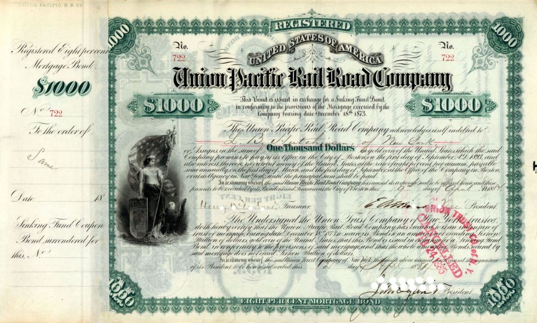 Union Pacific Rail Road Co. - 1884 dated $1,000 Bond - Only 2 Known Outside of the Archive