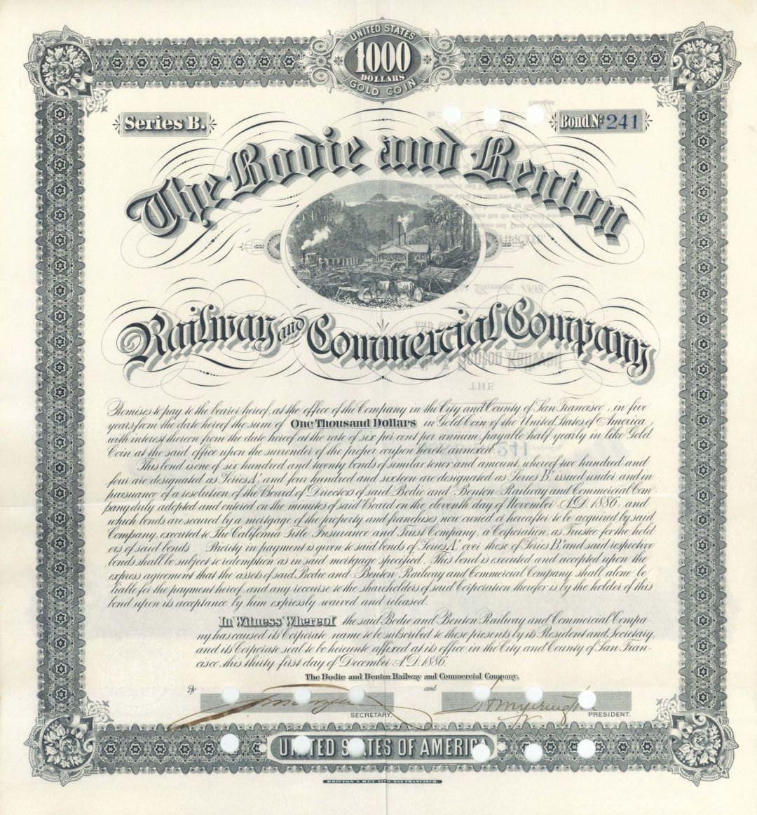 Bodie and Benton Railway and Commercial Co. - 1886 dated $1,000 California Railroad Bond - Mono Mills and Benton, California
