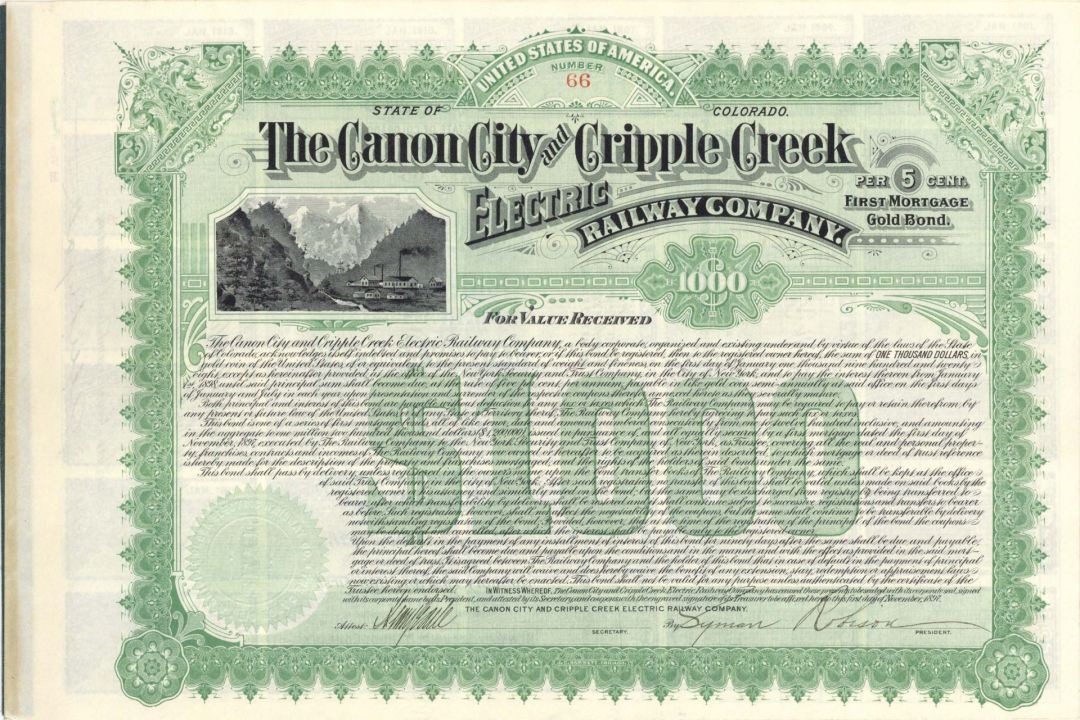 Canon City and Cripple Creek Electric Railway Co. - 1897 dated $1,000 Railway Bond