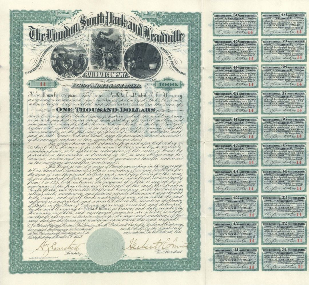 London South Park and Leadville Railroad Co. - 1883 dated $1,000 Railway Bond