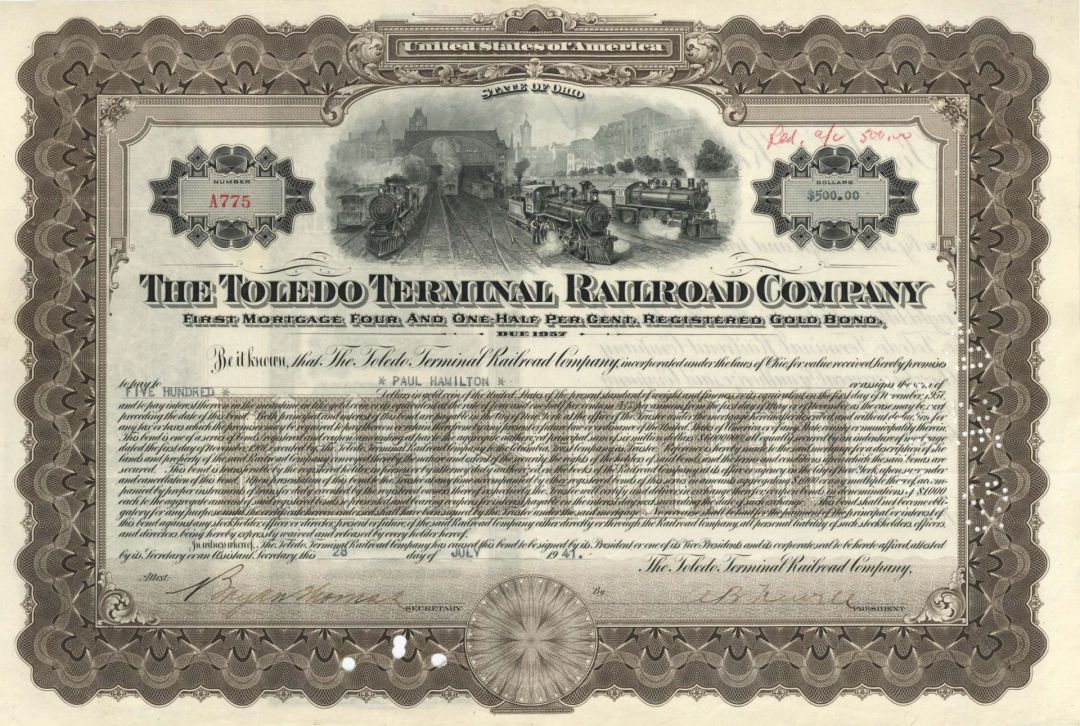 Toledo Terminal Railroad Co. - 1941 dated $500 Railroad Bond