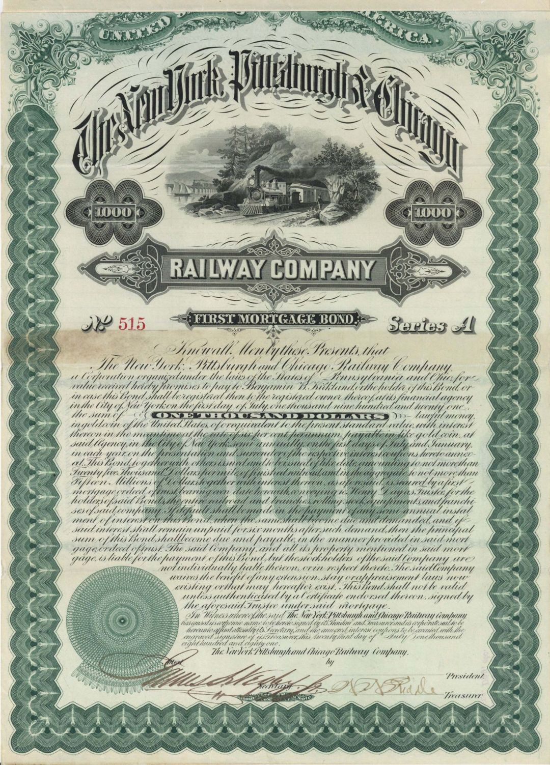 New York, Pittsburgh and Chicago Railway Co.  - 1881 dated $1,000 Bond