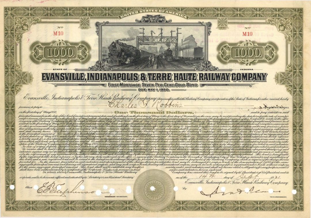 Evansville, Indianapolis and Terre Haute Railway Co. - 1921 dated $1,000 Bond