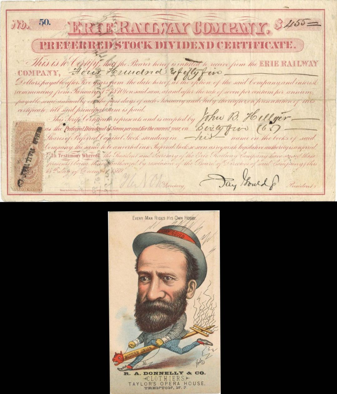Erie Railway Co.  - 1869 dated $455 Stock Dividend Certificate