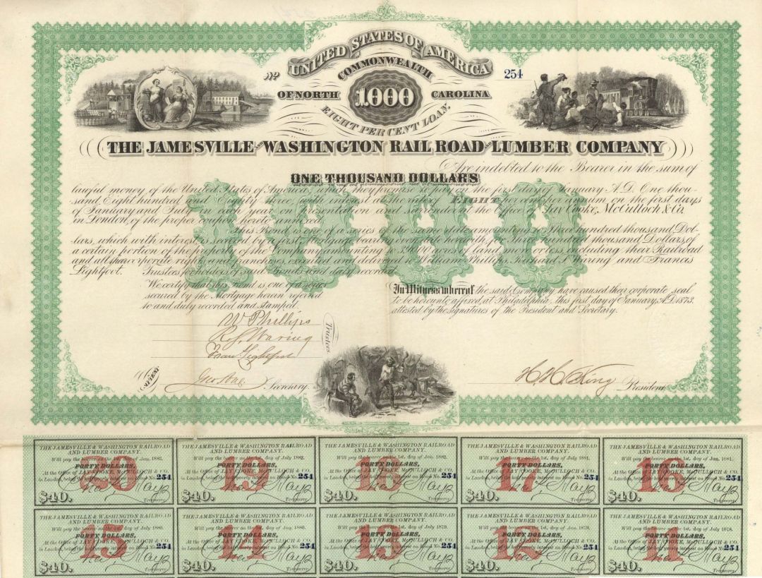 Jamesville and Washington Rail Road Lumber Co. - 1873 dated $1,000 Railway and Lumber Bond