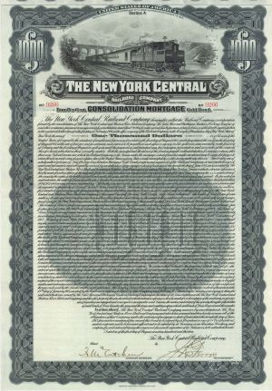 New York Central Railroad Co. - $1000 1913 dated Railway Gold Bond