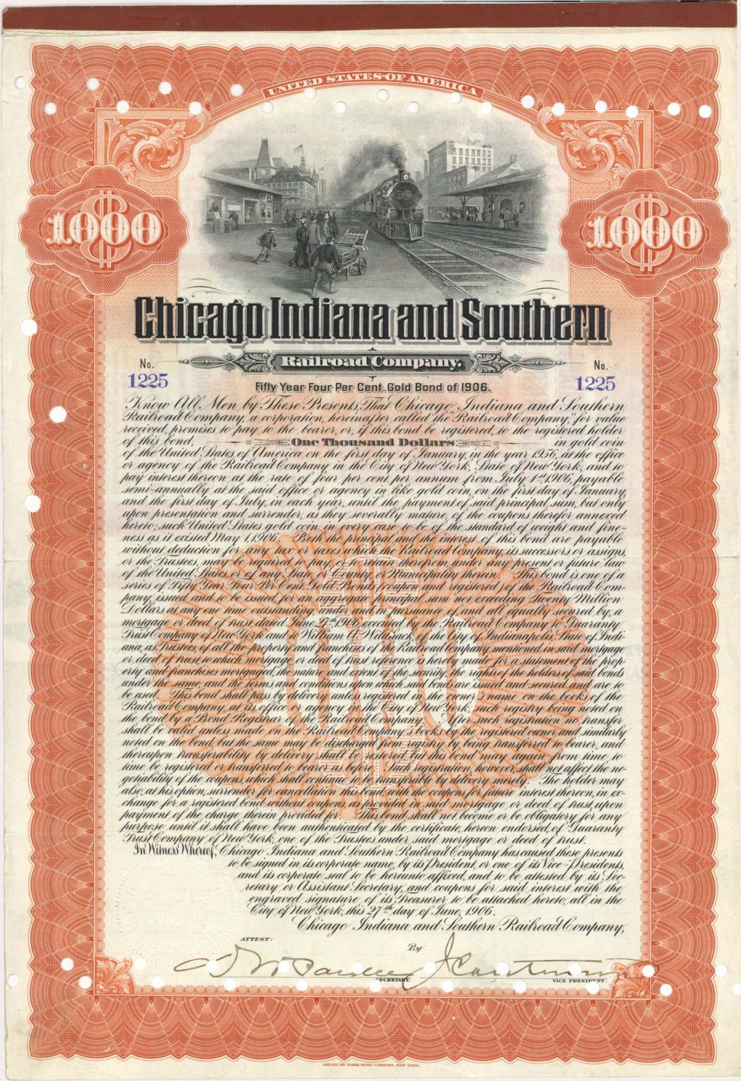 Chicago Indiana and Southern Railroad Co. - 1906 dated $1,000 Bond