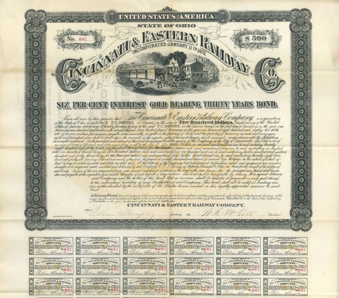 Cincinnati and Eastern Railway Co. - 1881 dated $500 Bond