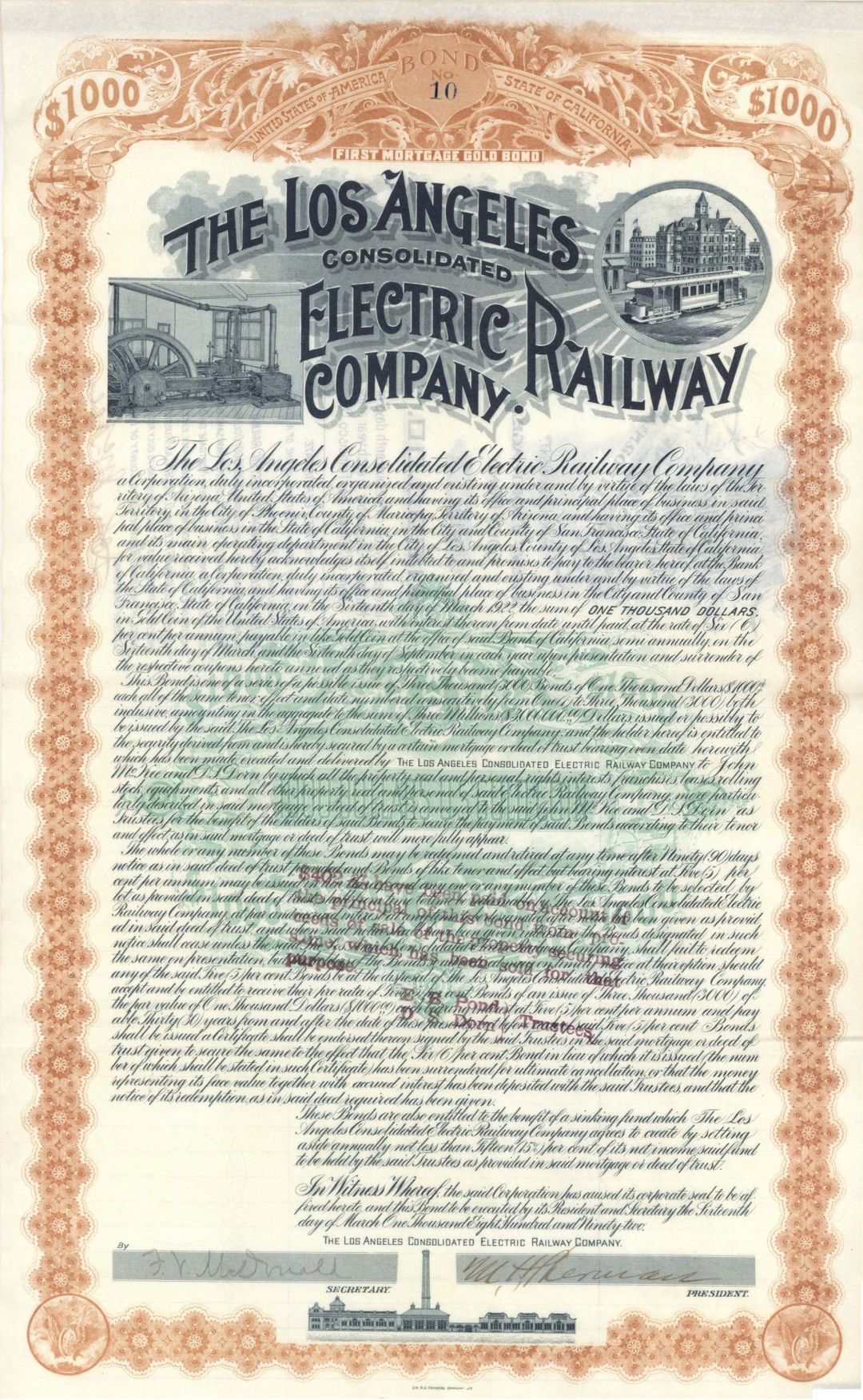 Los Angeles Consolidated Electric Railway Co. - 1892 dated $1,000 Bond
