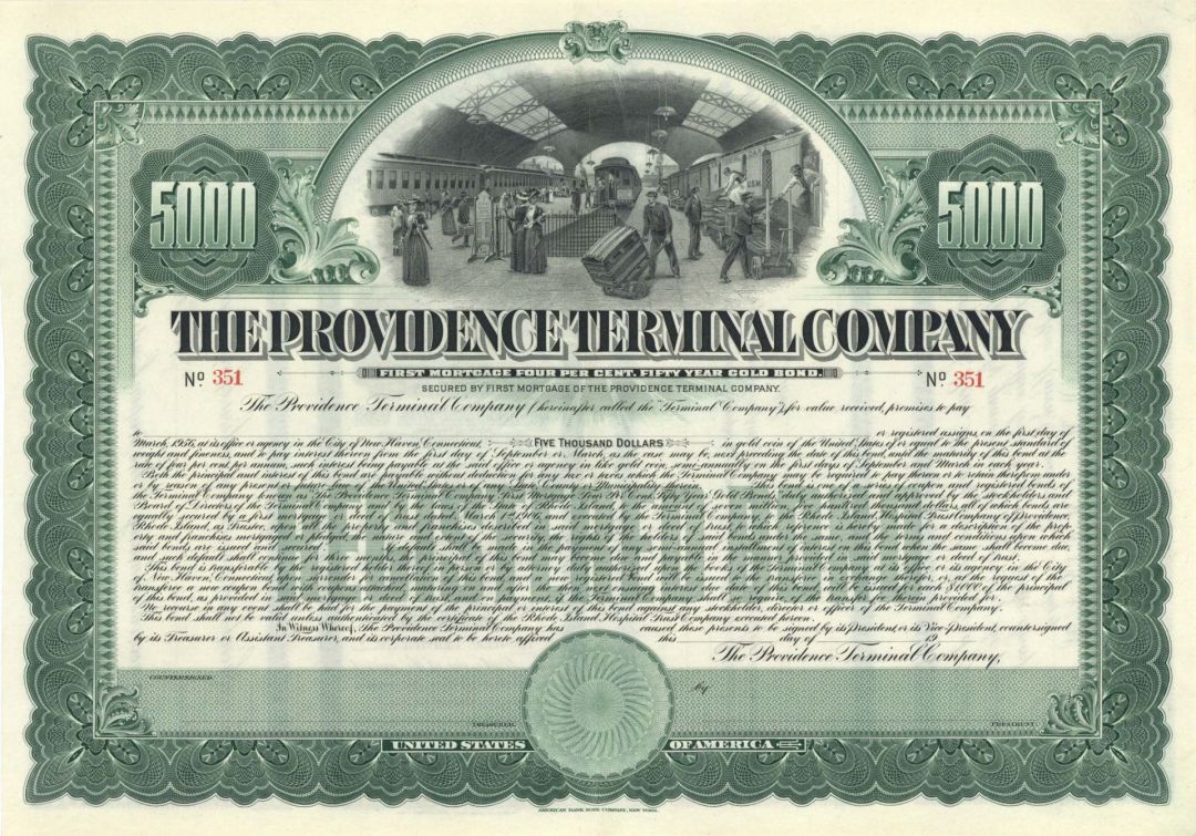 Providence Terminal Company - circa 1910's Unissued Rhode Island Railway/Shipping $5,000 Gold Bond