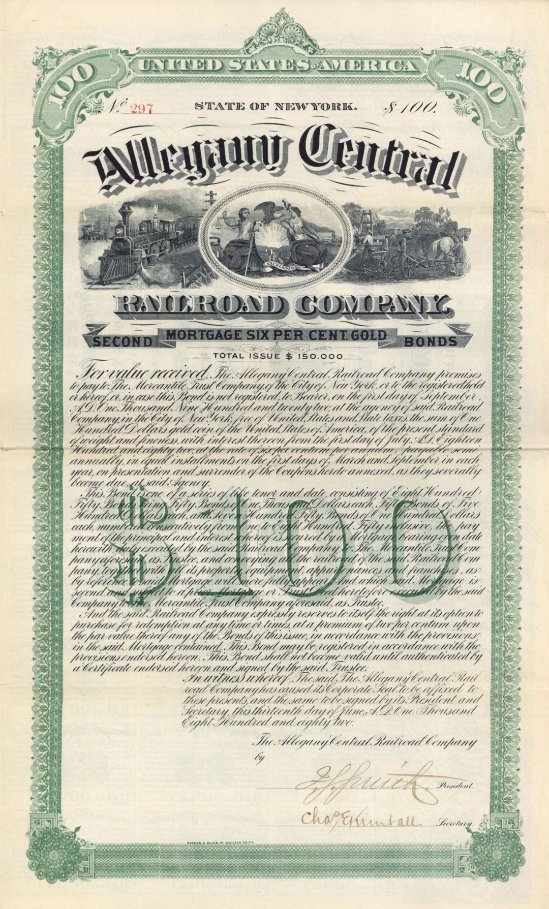 Allegany Central Railroad Co. - 1882 dated $100 Bond