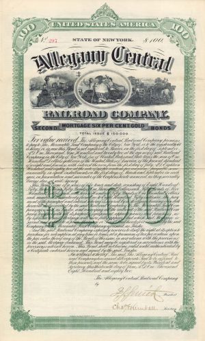 Allegany Central Railroad Co. - 1882 dated $100 Bond