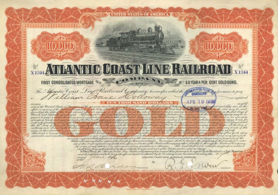Atlantic Coast Line Railroad Co. - 1916 dated $10,000 Bond