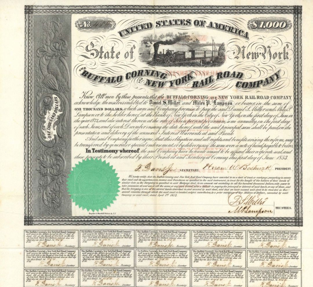 Buffalo Corning and New York Rail Road Co. - 1853 dated $1,000 Bond