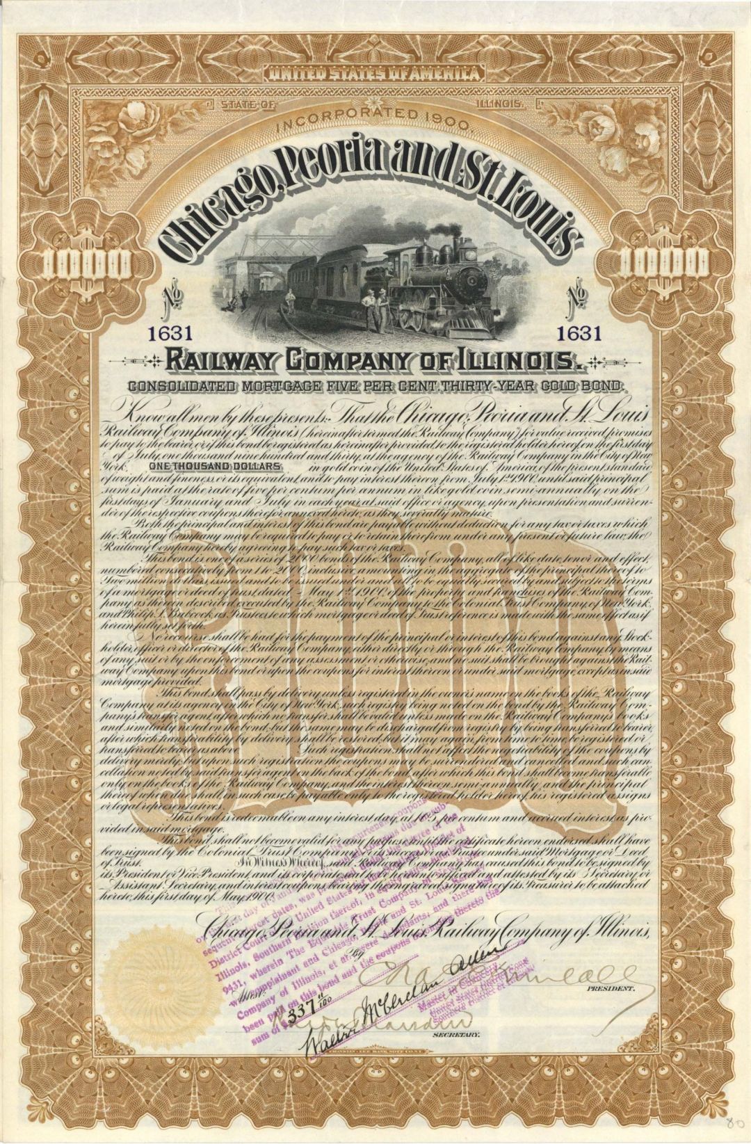 Chicago, Peoria and St. Louis Railway Company of Illinois - 1900 dated $1,000 Bond
