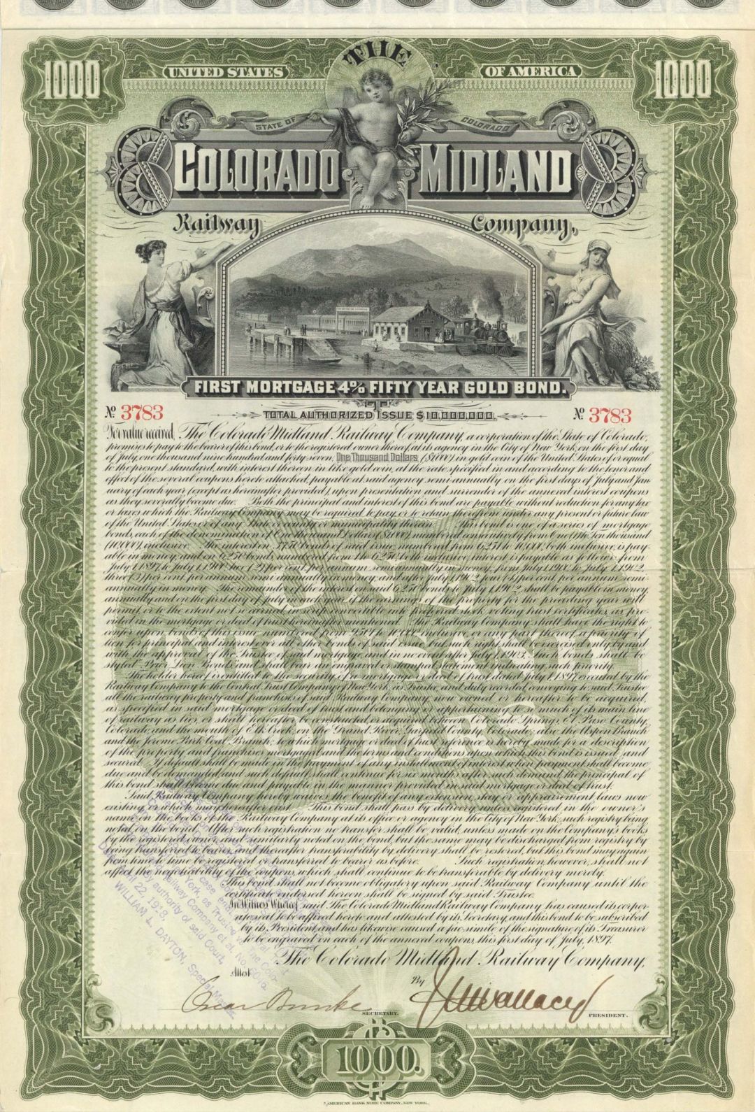 Colorado Midland Railway Co. - 1897 dated $1,000 Bond