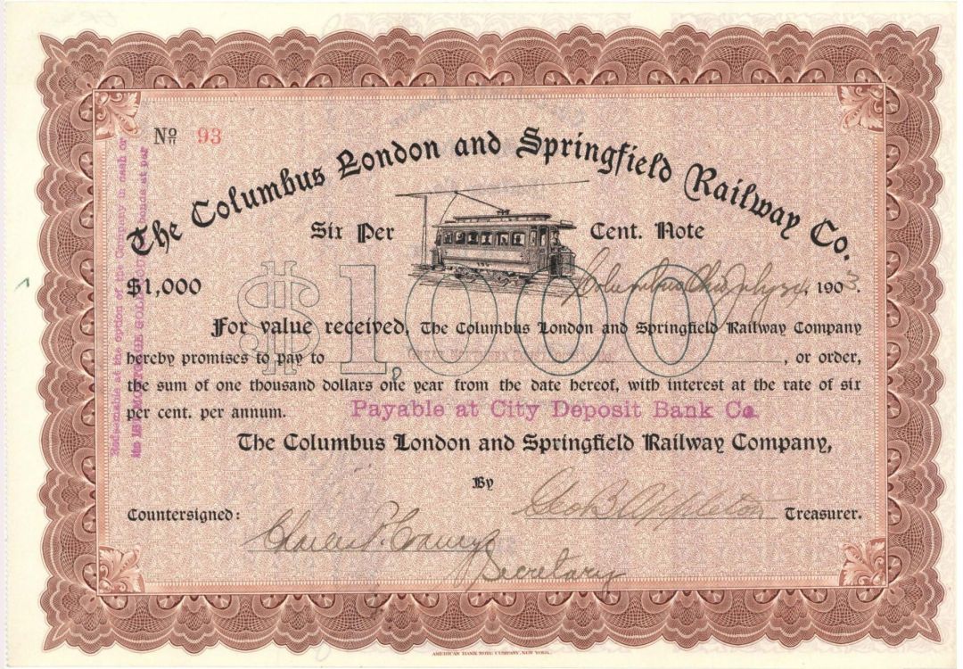 Columbus London and Springfield Railway Co. - 1903 dated $1,000 Bond