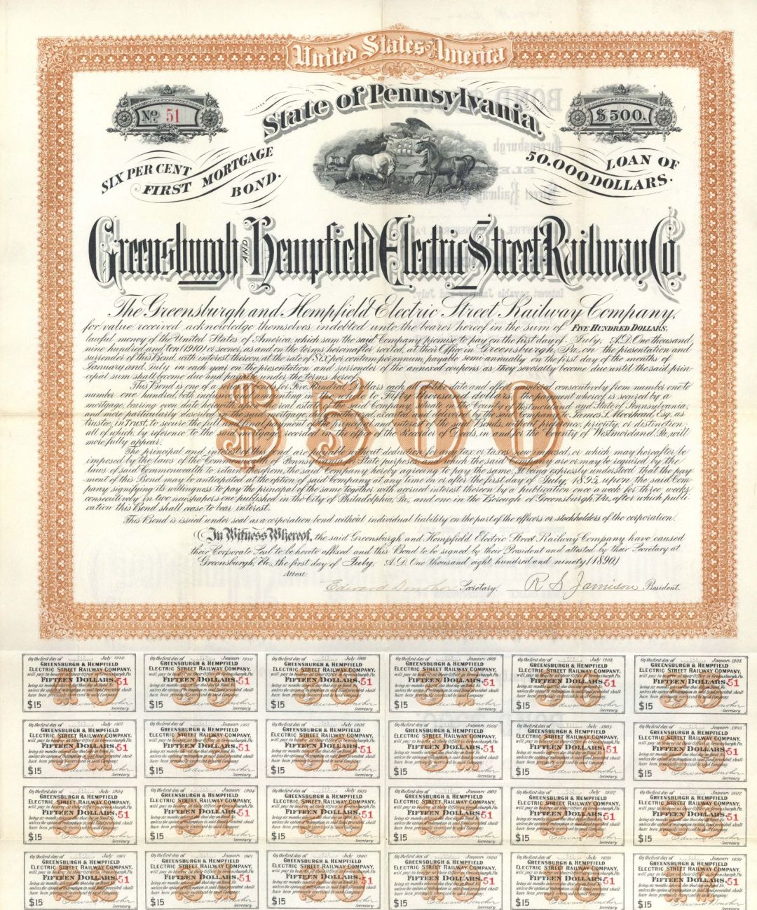 Greensburgh and Hempfield Electric Street Railway Co. - 1890 dated $500 Bond