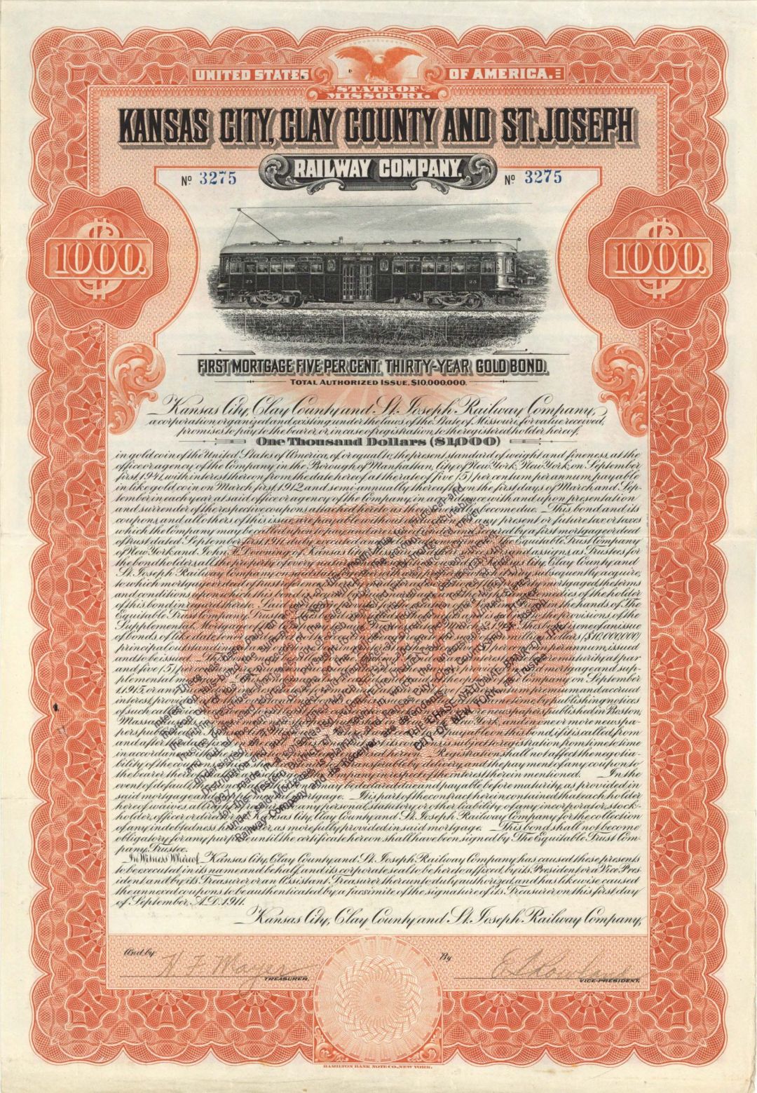Kansas City, Clay County and St. Joseph Railway Co. - 1911 dated $1,000 Bond