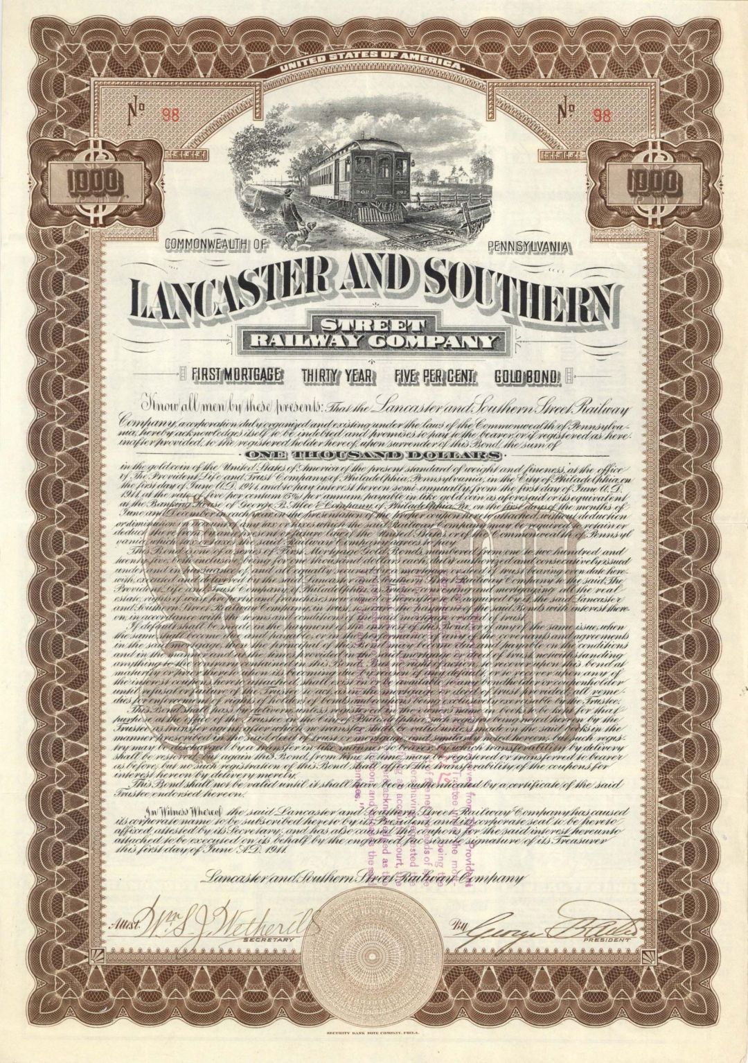 Lancaster and Southern Street Railway Co. - 1911 dated $1,000 Bond