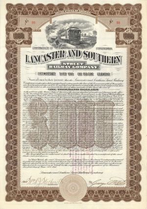 Lancaster and Southern Street Railway Co. - 1911 dated $1,000 Bond