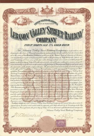Lebanon Valley Street Railway Co. - 1899 dated $100 Bond