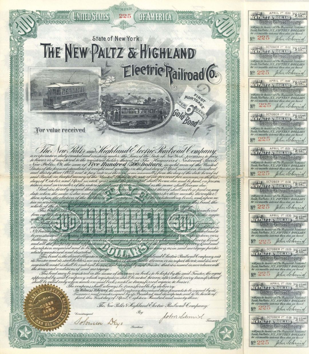 New Paltz and Highland Electric Railroad Co. - 1893 dated $500 Bond