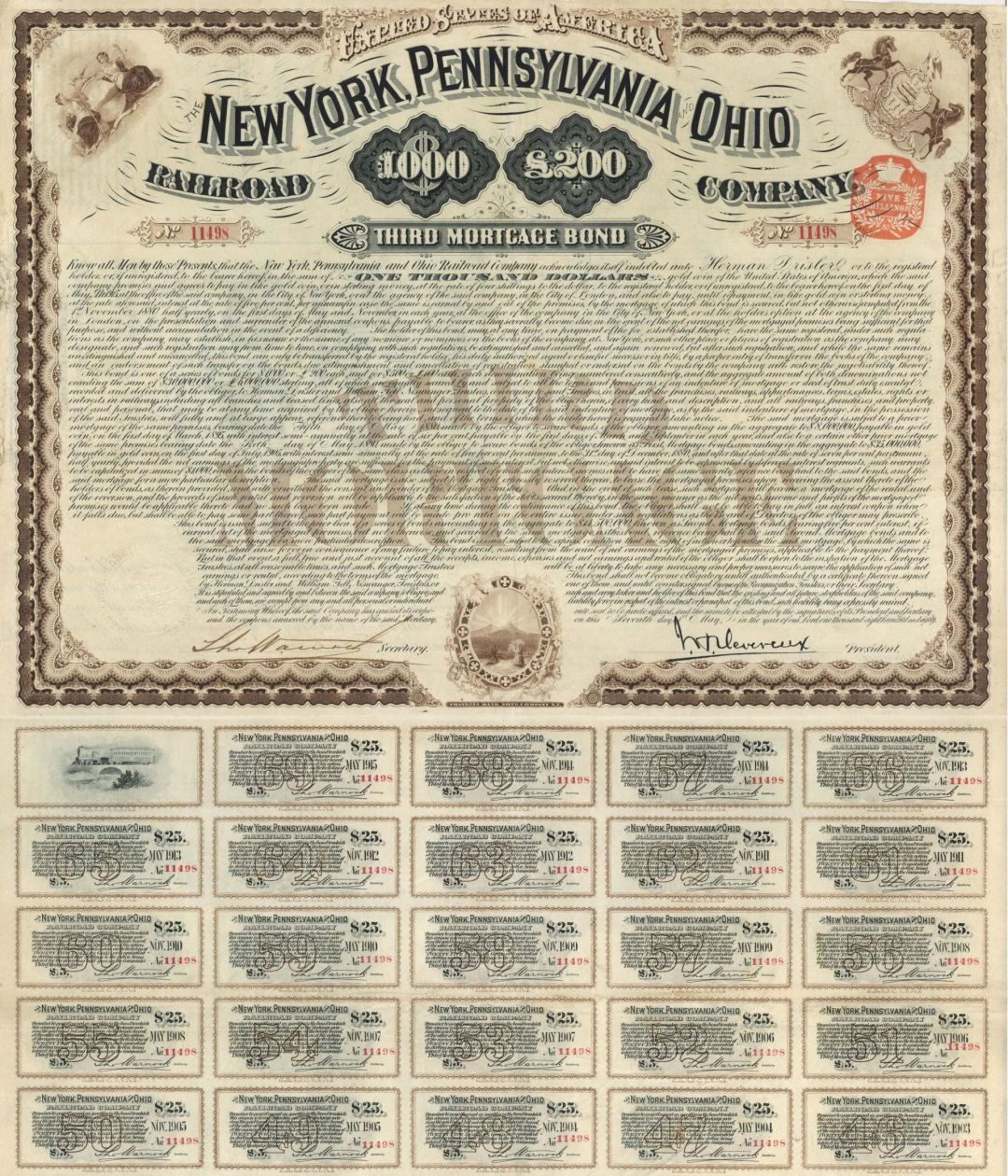 New York, Pennsylvania and Ohio Railroad Co. - 1880 dated $1,000 Bond