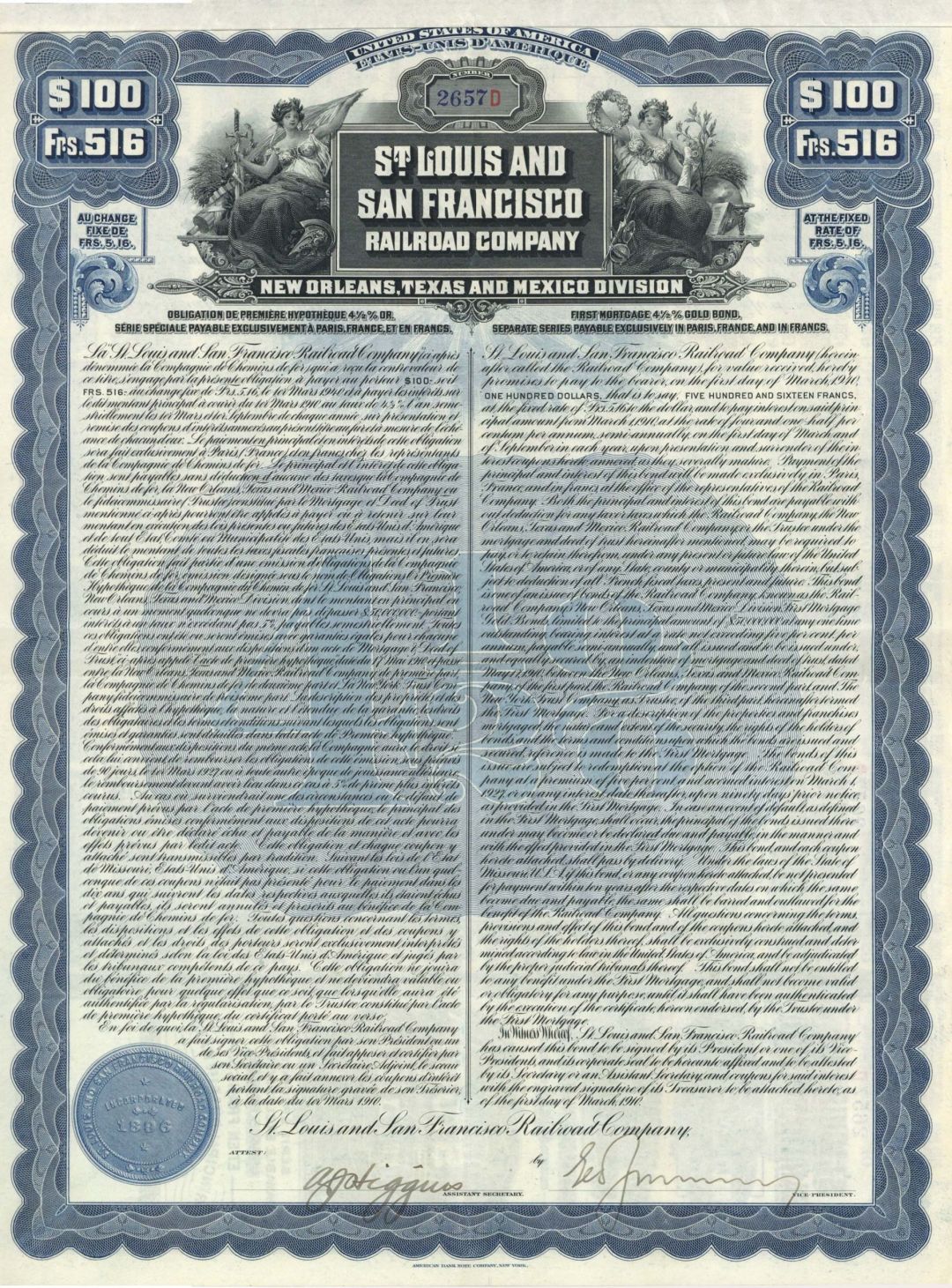 St. Louis and San Francisco Railroad Co. - 1910 dated $100 Bond