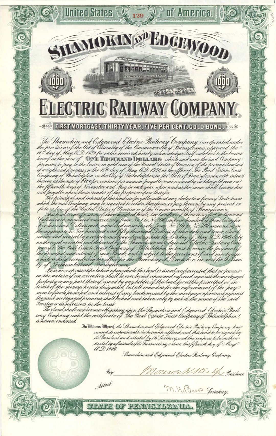 Shamokin and Edgewood Electric Railway Co. - 1906 dated $1,000 Bond