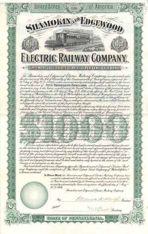 Shamokin and Edgewood Electric Railway Co. - 1906 dated $1,000 Bond