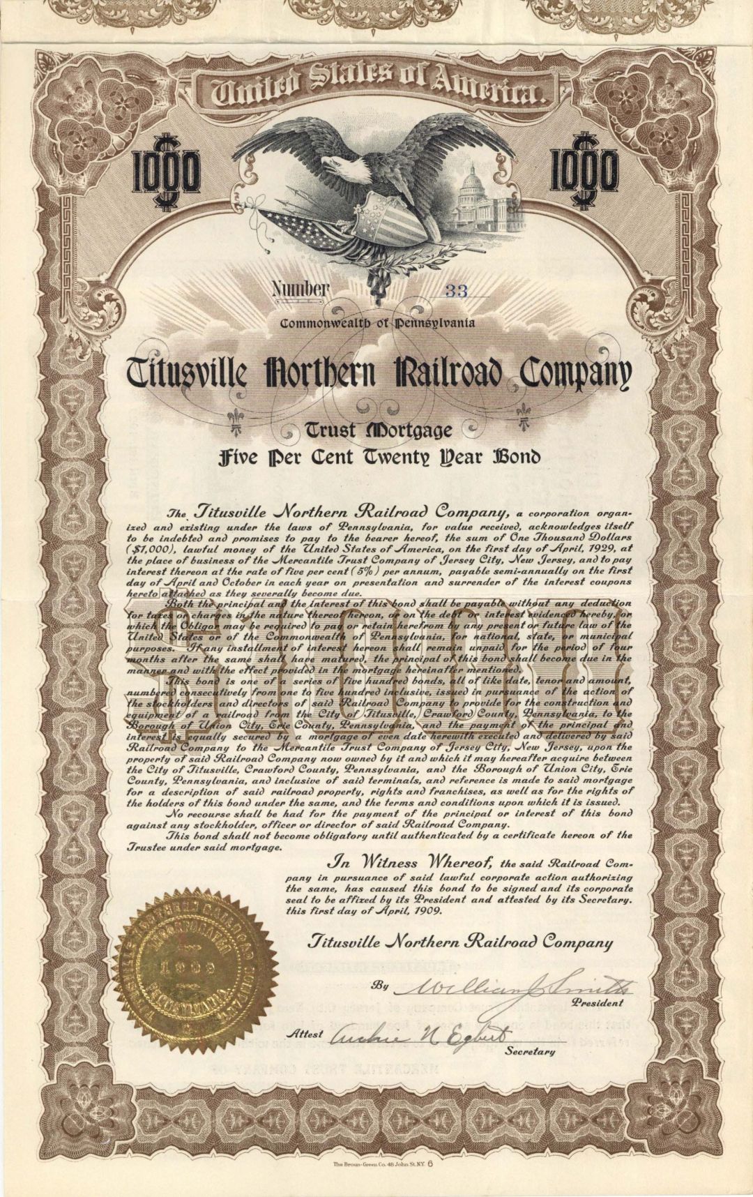 Titusville Northern Railroad Co. - 1909 dated $1,000 Bond